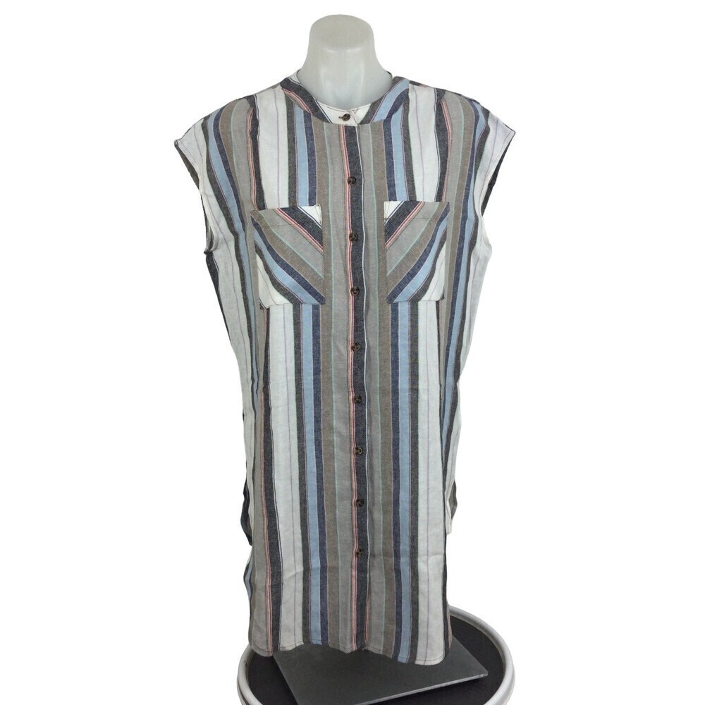 Soft Sorroundings Sleeveless Stripe Button Up Side Slit Linen Tunic Top Multi M